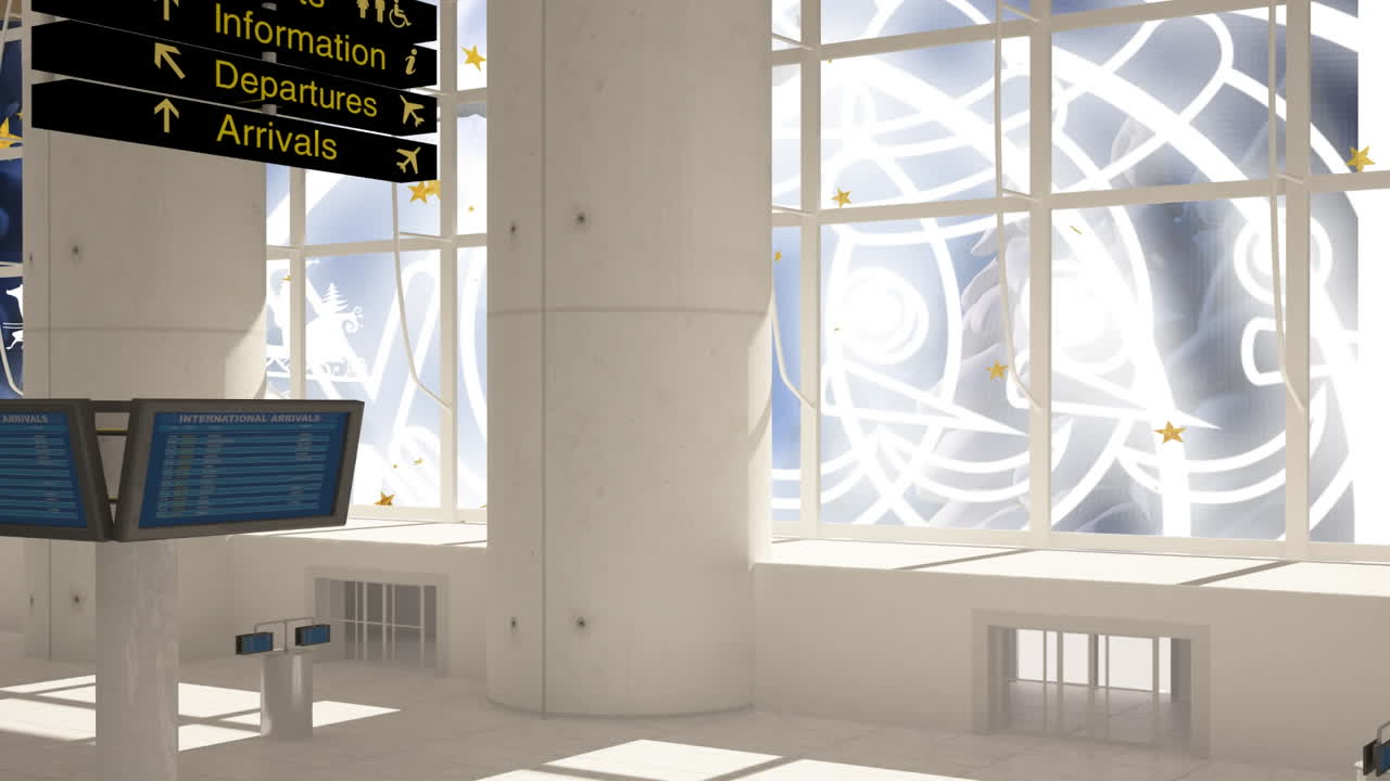 Animation of christmas santa claus in sleigh with reindeer and snow falling seen through window