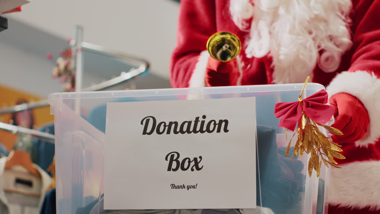 Close up shot of donation box in fashion shop set up for humanitarian help during Christmas holiday season. Worker dressed as Santa Claus collecting unneeded clothes from generous clients