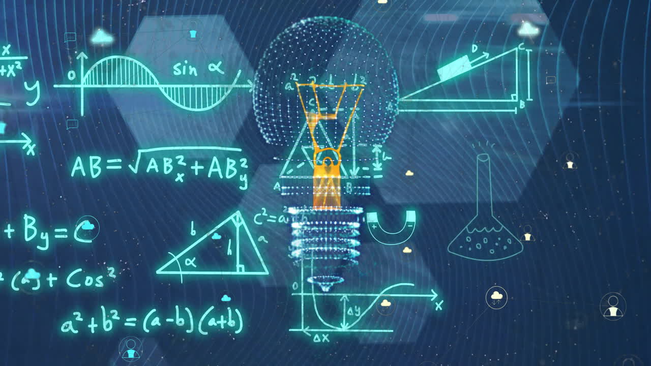 Animation of mathematical equations over lightbulb and shapes