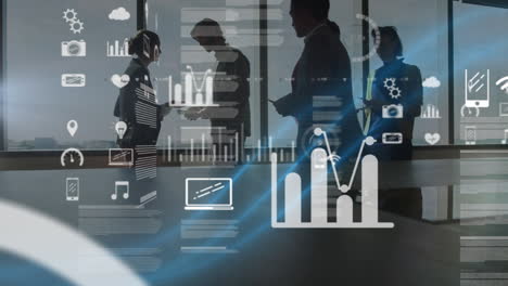 multiple screens with data processing against businesspeople at office
