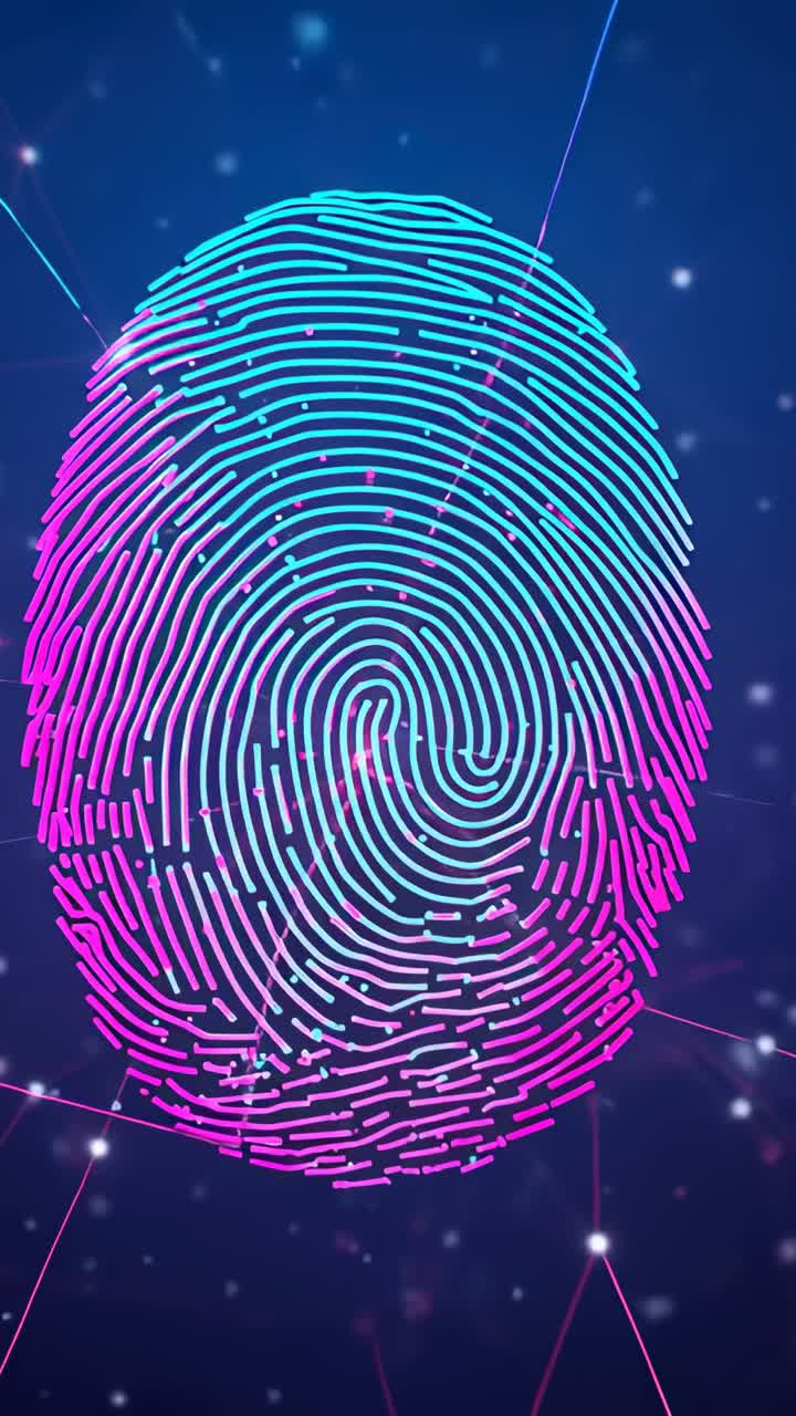 Vertical video: Starting neon fingerprint pulsing center for ID scan with magenta dots, cyan lines