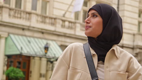 portrait of smiling muslim businesswoman wearing hijab and modern business suit standing and folding arms outside city office buildings