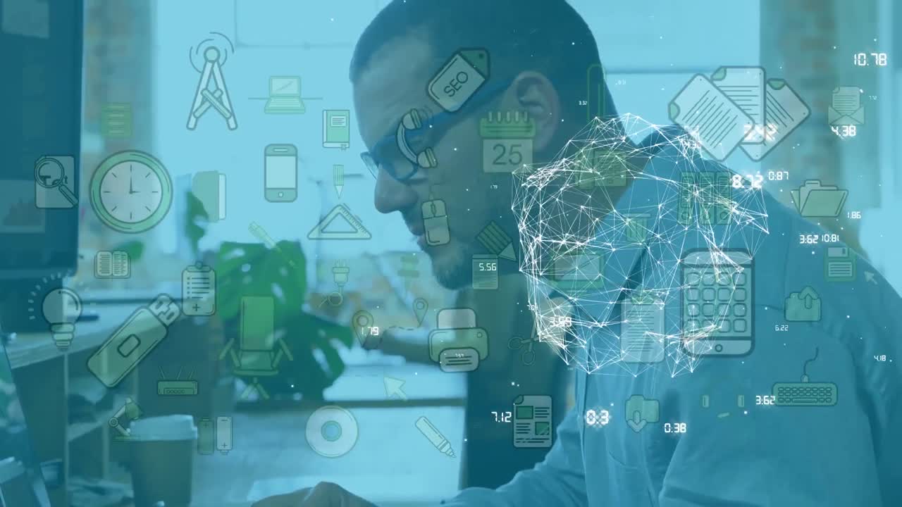 Animation of network of connections and media icons over businessman at desk using computer