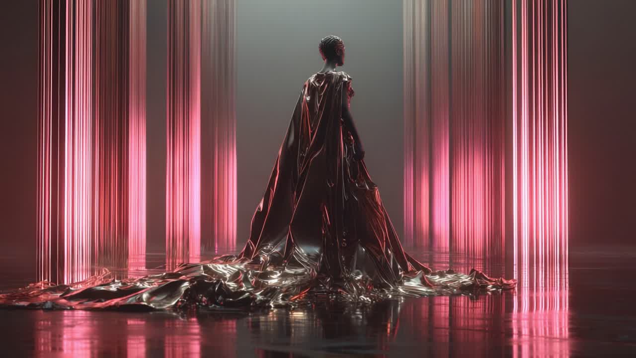 Futuristic woman in metallic gown and cape