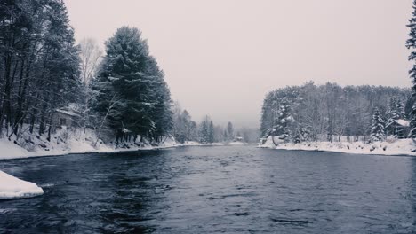 Foggy-Winter-Landscape---Drone-Flying-4K---Mountains---Trees,-rivers,-snowy