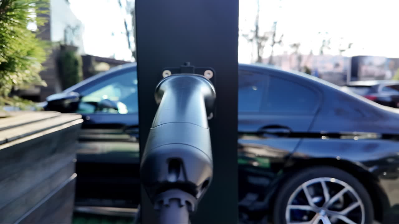 Electric car charger close-up with cars on the background
