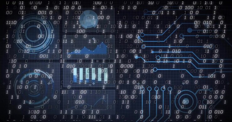 Binary digits drifting across grid starting gauges moving charts animating circuit-trace pulsing