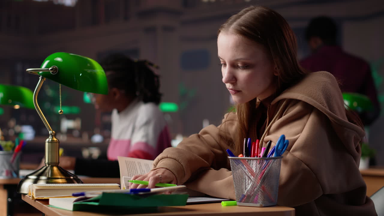 Vertical video young student focusing on highlighting important ideas and information