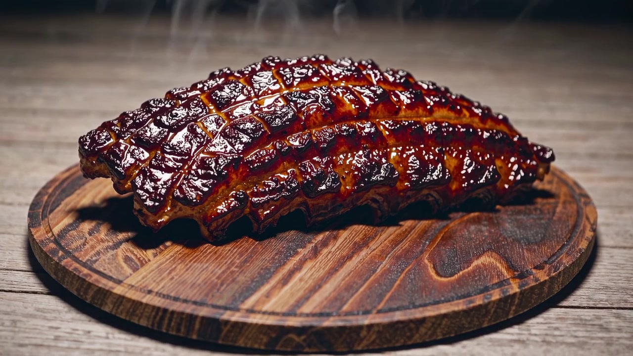 Steaming Rack of Glazed Barbecue Ribs on a Wooden Board