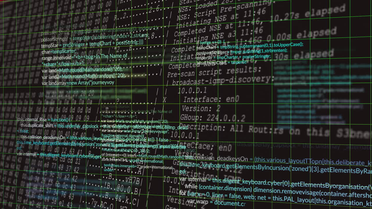 Lines of code and data processing animation over digital interface background