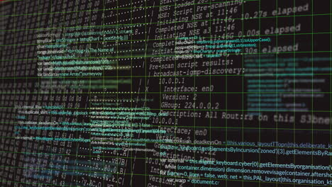 lines of code and data processing animation over digital interface background