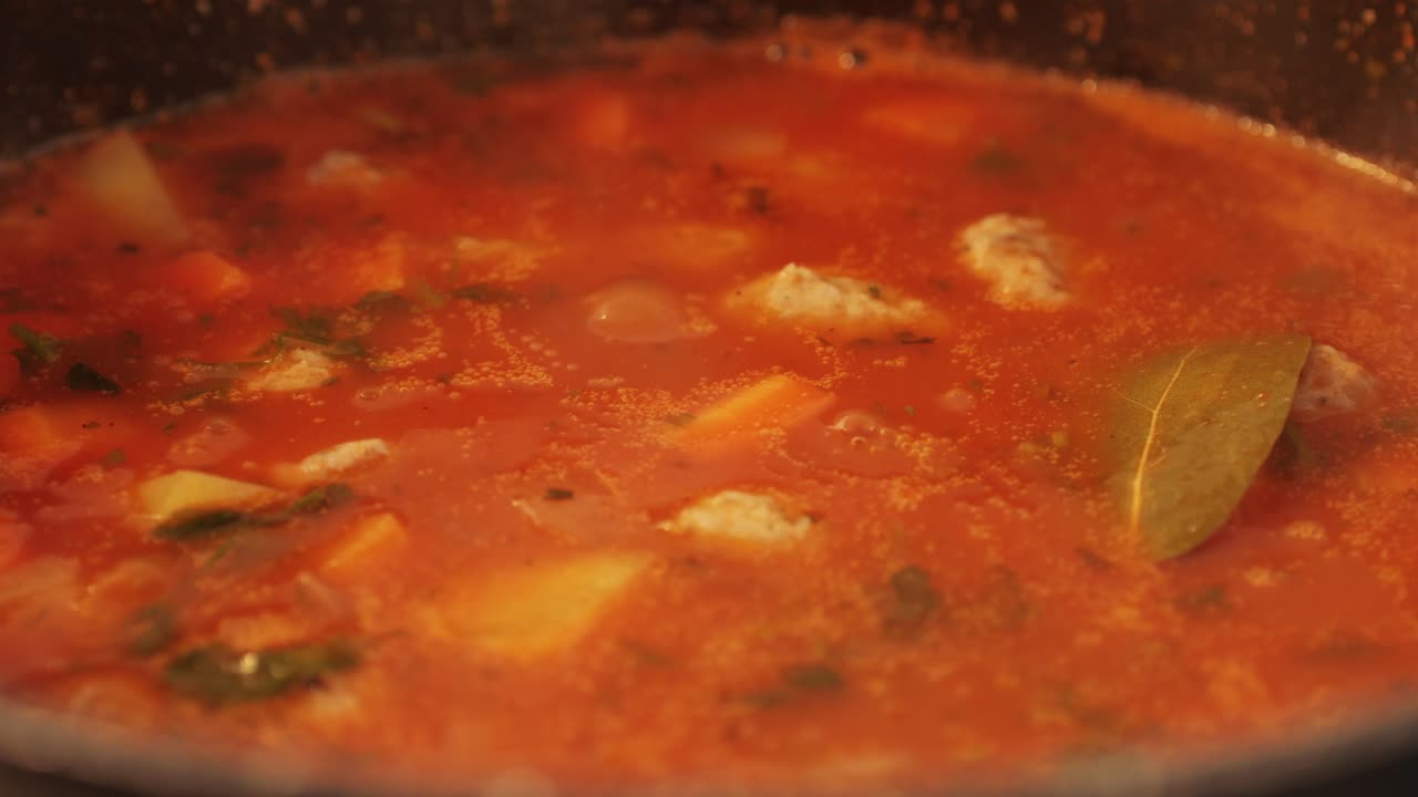 Turkish tomato soup with meatballs and vegetables close-up. Goulash soup with tomatoes, meatballs, potatoes, carrots, garlic and spices. High quality 4k footage