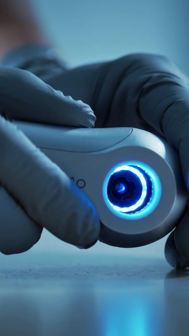 Vertical video: Second gloved hand approaching, nudging device on lab bench, blue LED ring for use