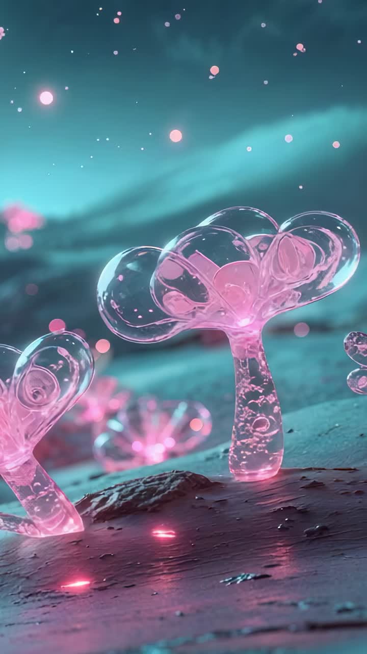 Vertical video: Zooming in revealing three pink bubble-like plants pulsing drifting under teal sky