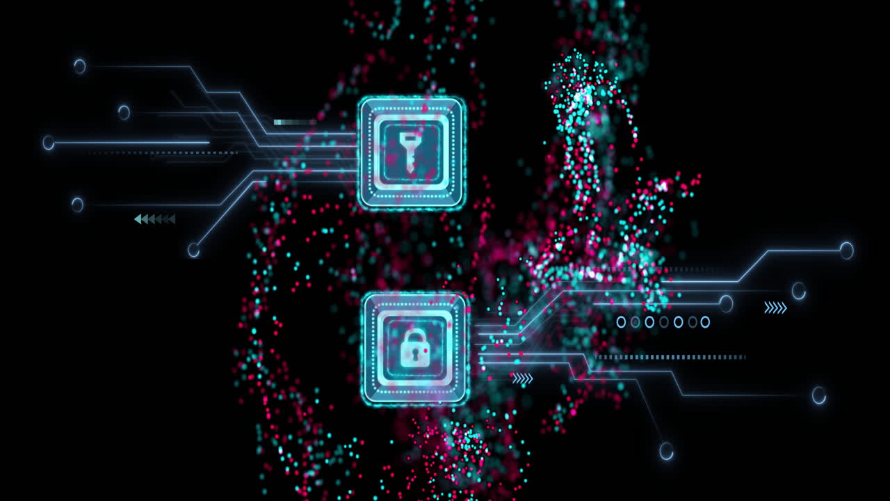 Digital security icons and data flow with colorful particles on black background