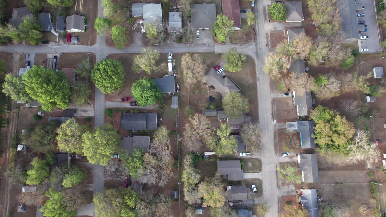 top down aerial of a small town in the midwest, USA, normal small town neighborhood