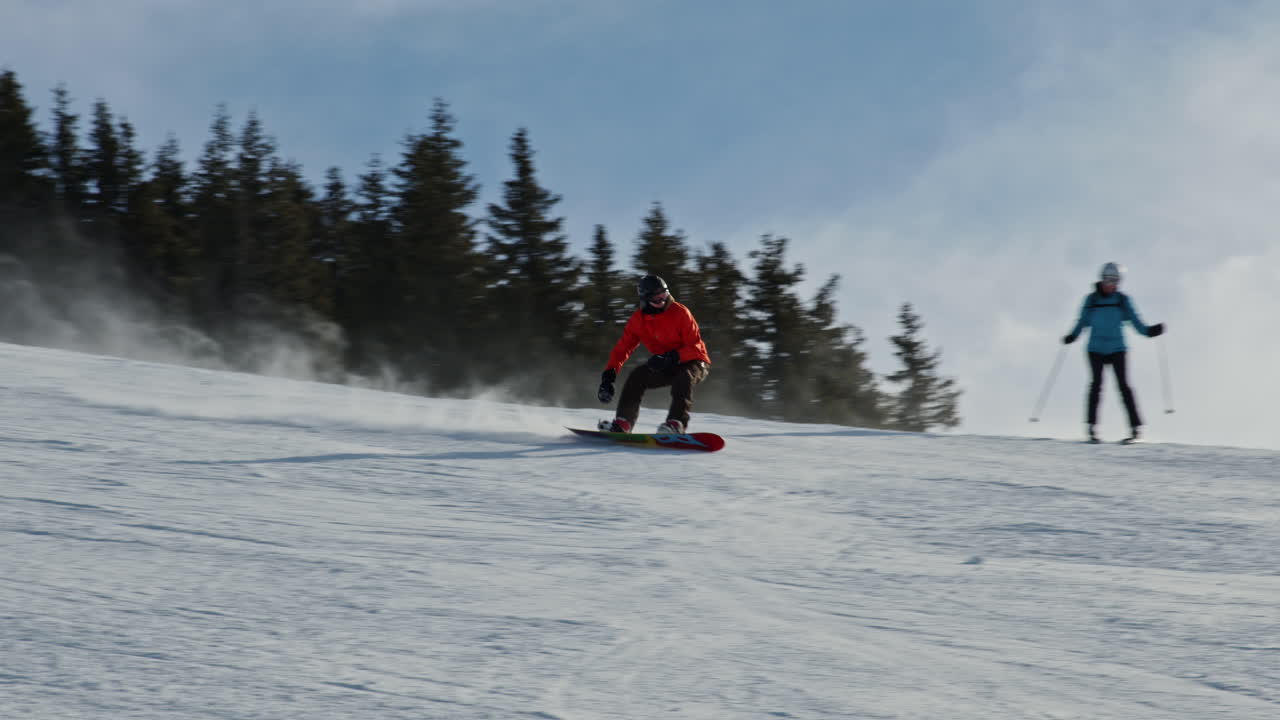 Snowboarder on the slope, spruces in the background.