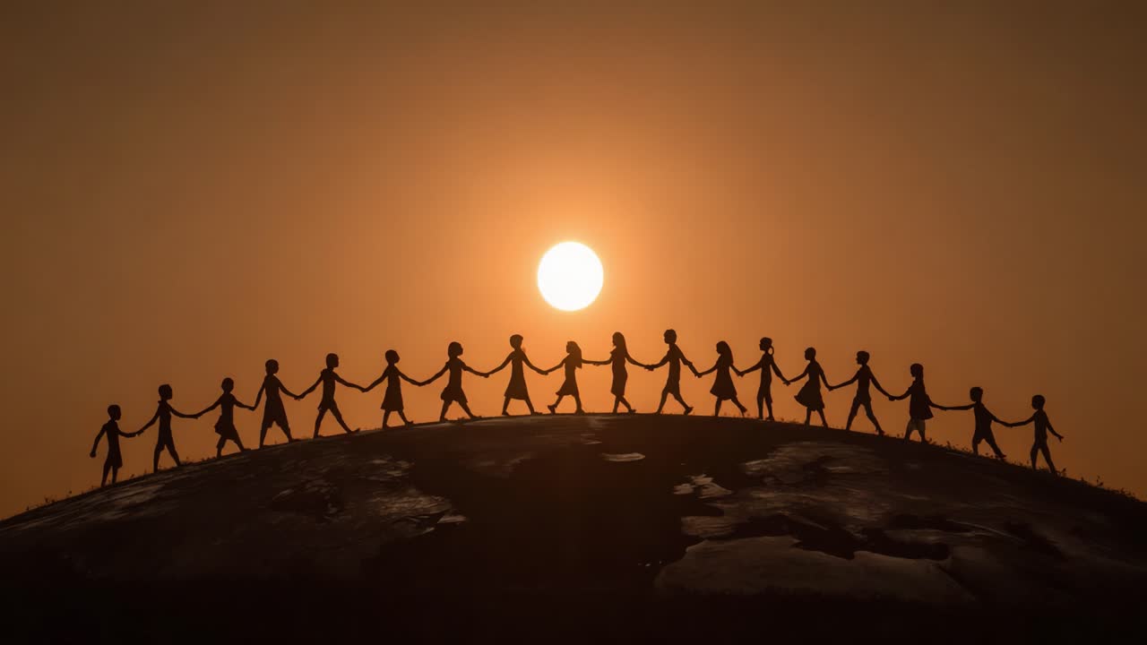 A Beautiful Silhouette of Unity Against a Stunning Sunset: A Group of People Holding Hands, Symbolizing Togetherness and Connection in Nature's Embrace