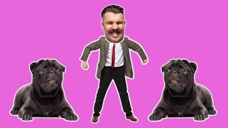 joven empresario bailando con perro. animación en bucle. 4k. diseño de stop motion o arte animación 2d. hombre gracioso. collage de arte moderno, conceptual, contemporáneo. fiesta, ganar, ganador y concepto de negocio