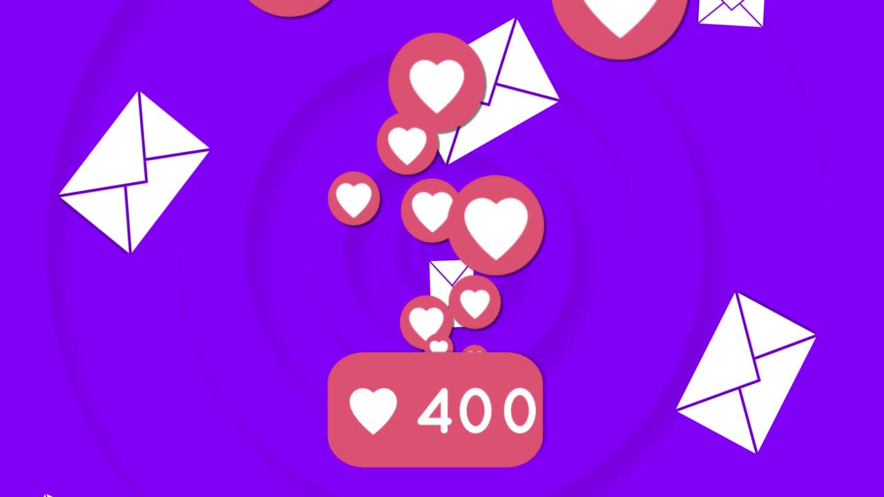 파란색 배경의 동심 원에 대한 메시지 아이콘과 심장 아이콘의 디지털 애니메이션