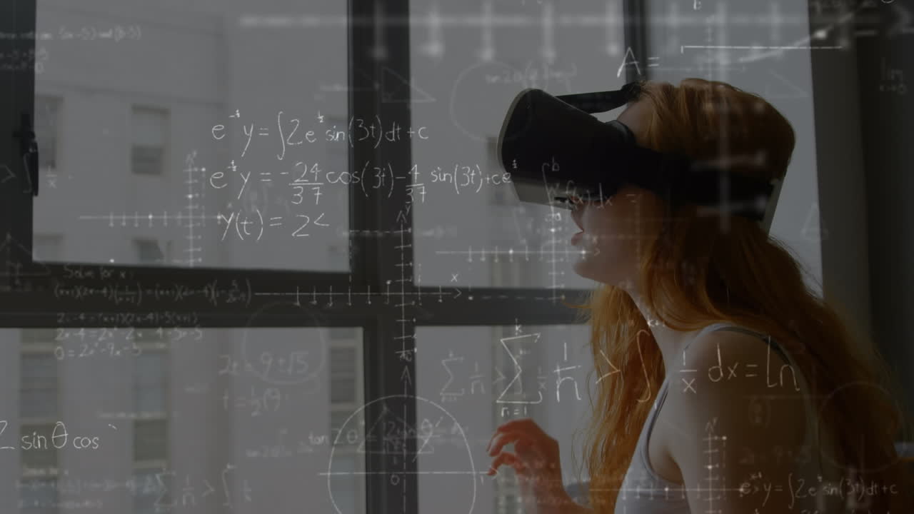 Animation of mathematical drawings and equations over woman wearing vr headset