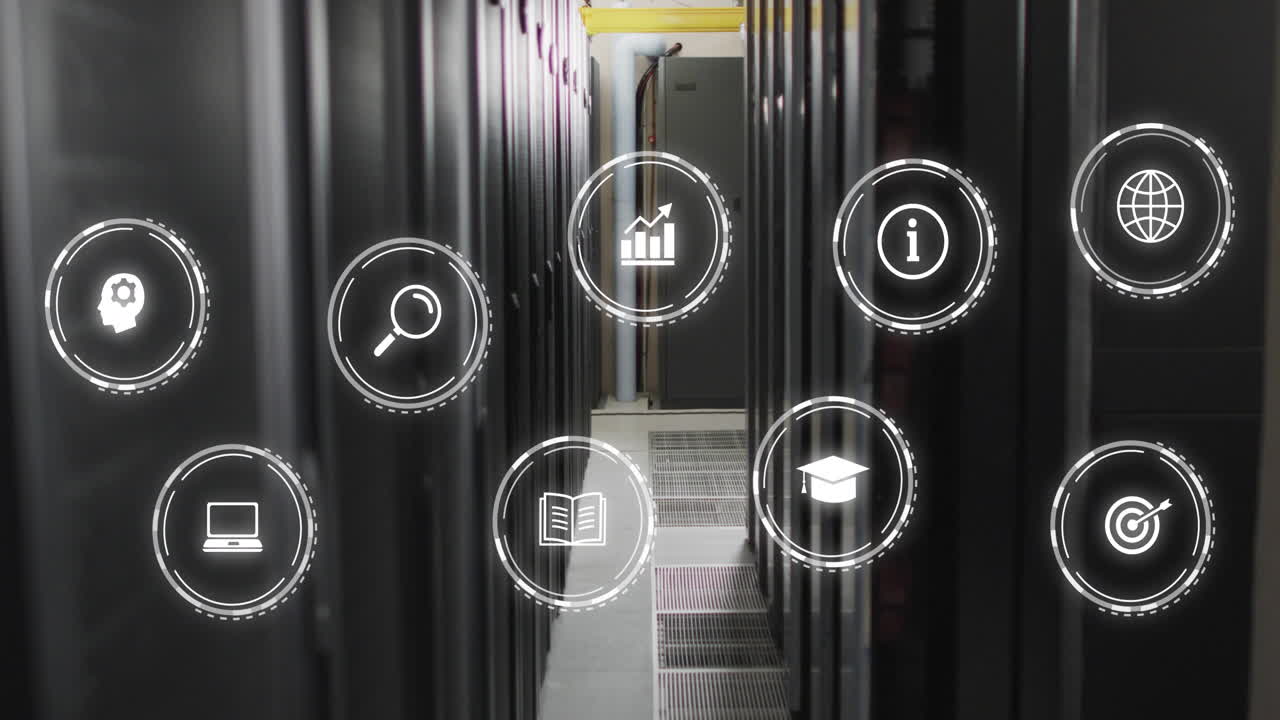 Animation of multiple digital icons against computer server room