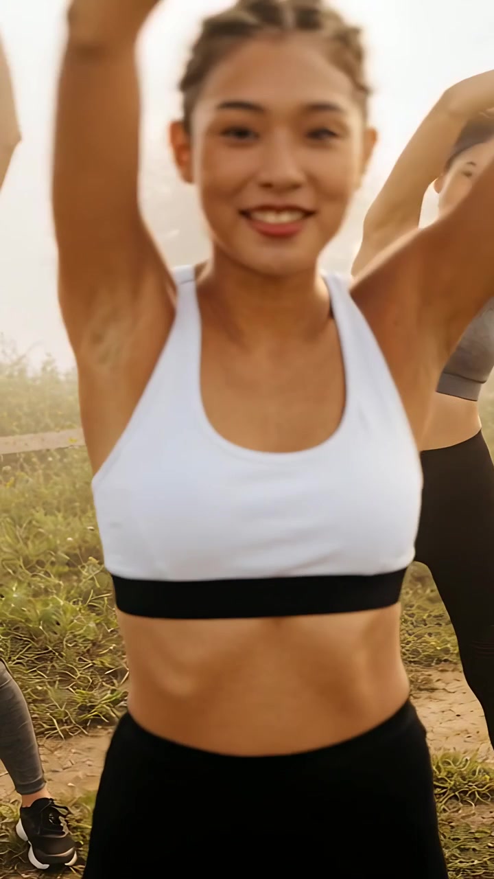 Video verticale: donna in reggiseno sportivo che alza le braccia e si piega per il riscaldamento su un sentiero, illuminata dal sole