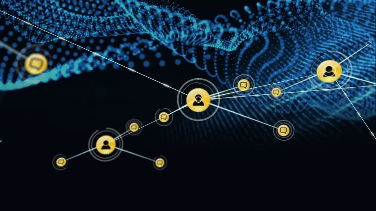 Animation of network of connections with icons over blue net
