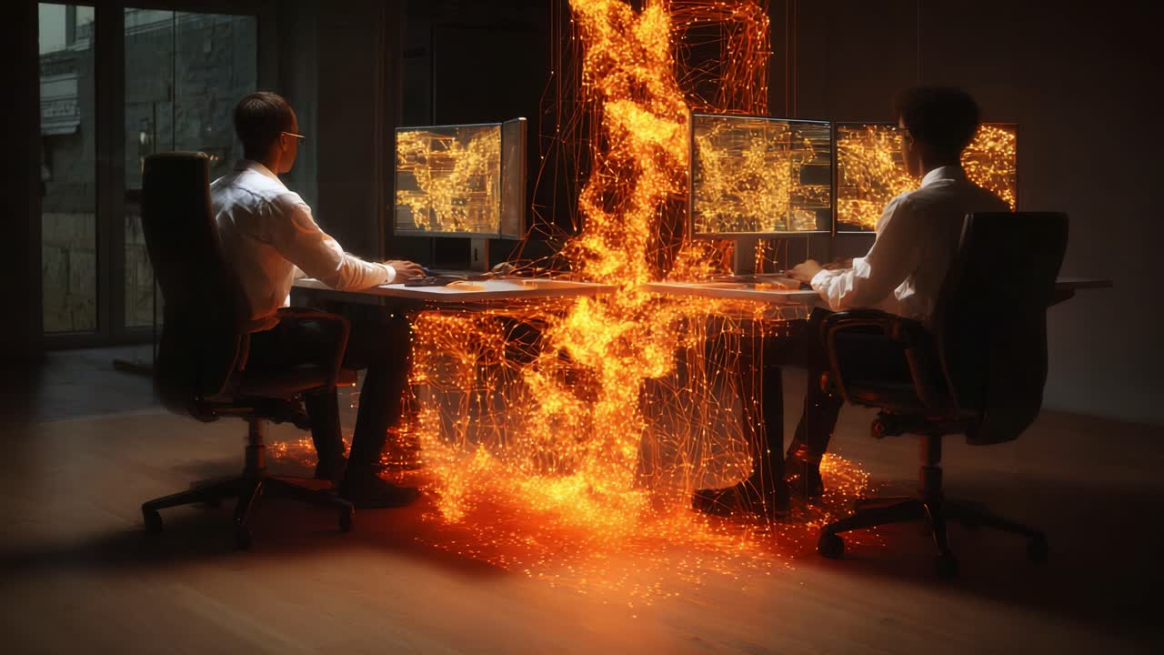 A Dynamic Duo Analyzing Data Through Vibrant Energy Streams: A Glimpse Into the Intersection of Technology and Teamwork in a Modern Workspace Setup