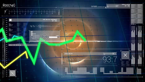 Animation-of-financial-data-processing-over-glowing-yellow-to-blue-circles