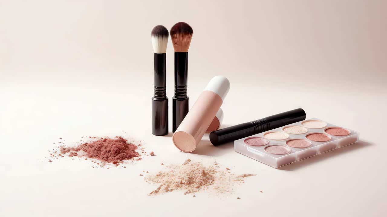 Flat lay of makeup brushes, powders, and palettes on a soft beige background, perfect for a beauty