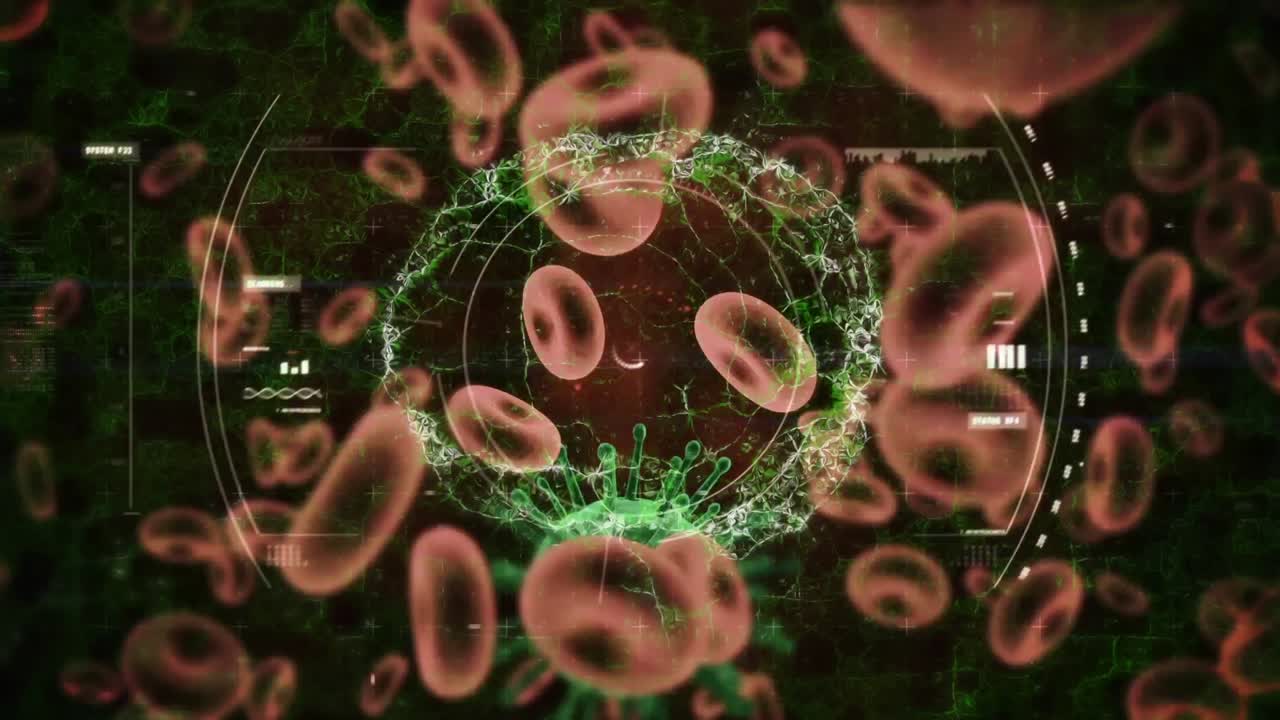 animación de escaneo de alcance y cerebro humano girando sobre las células de covid-19 flotando