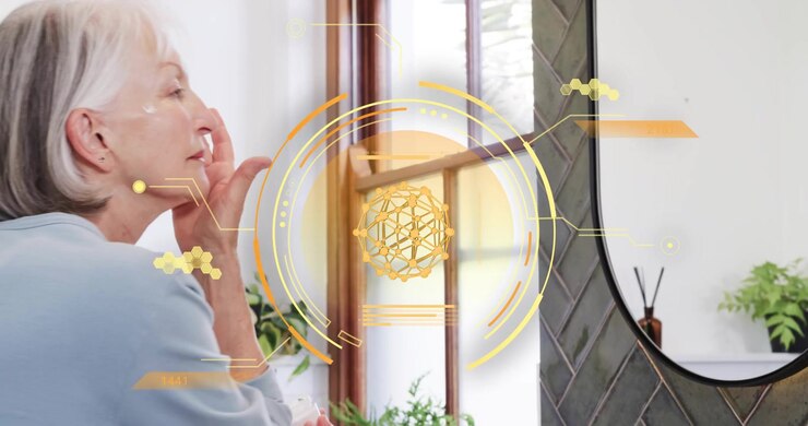 Senior woman reaching for cream jar by vanity mirror and applying moisturizer for skin hydration
