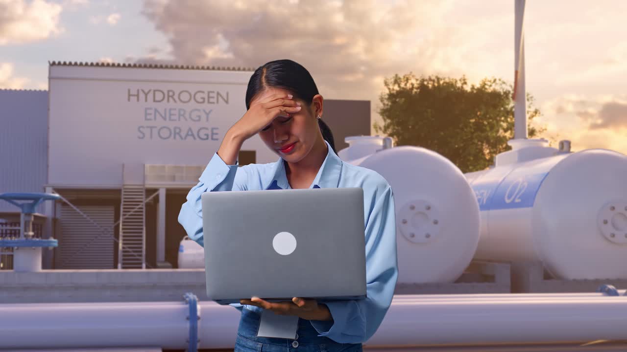 Asian Female Professional Worker Standing With Her Laptop At Green Hydrogen factory, High-tech Industrial Facility, She Is Nodding Her Shead With Dissapionted