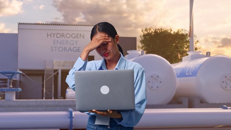 Asian Female Professional Worker Standing With Her Laptop At Green Hydrogen factory, High-tech Industrial Facility, She Is Nodding Her Shead With Dissapionted