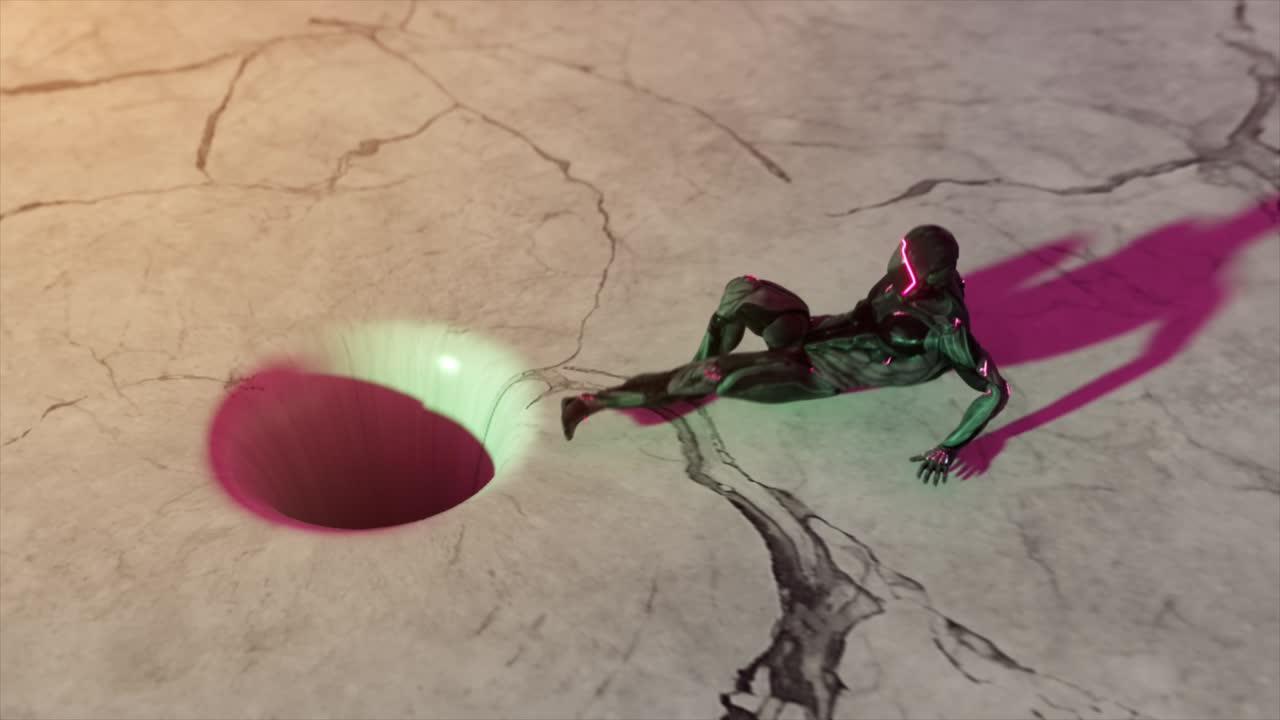 The alien character resists the pull of a black hole with a moving marble texture. Abstract composition. Seamless loop 3d render