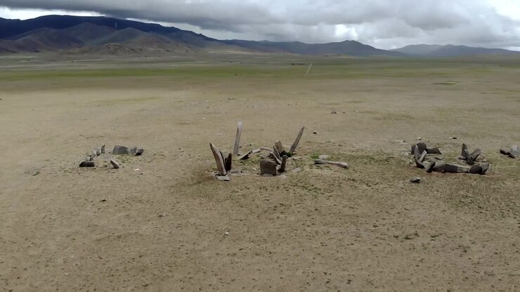 Aerial View of Ancient Standing Stones in Mongolian Steppe