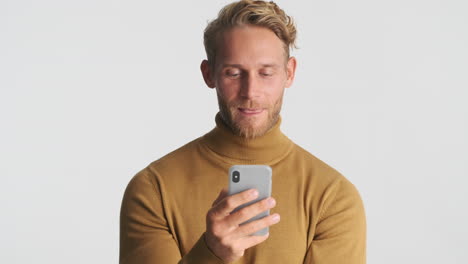 happy man with smartphone