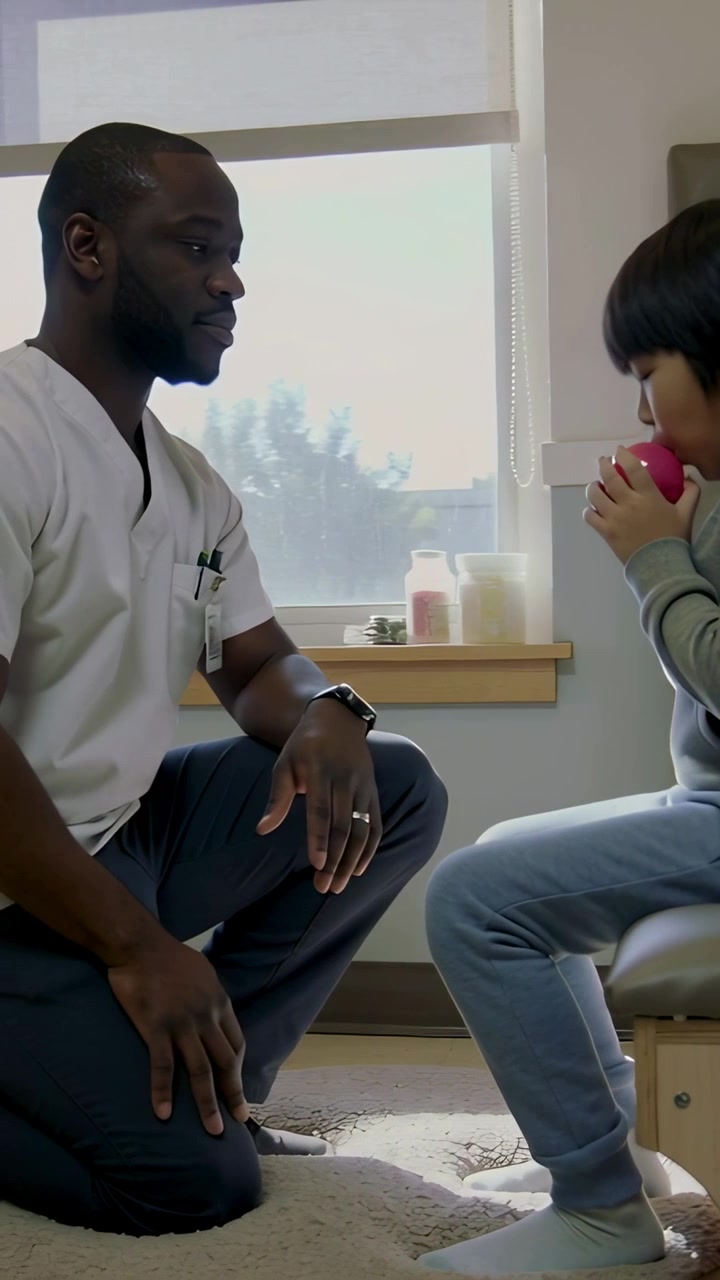 Vertical video: Reaching nurse in scrubs with ID giving pink ball to child on exam bench testing