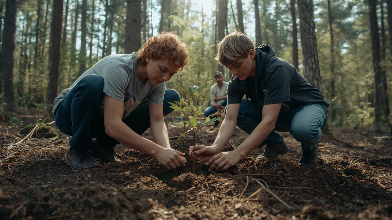 Scooping loose soil, pair in light tee dark hoodie planting sapling on forest floor for restoration