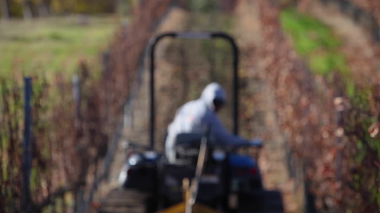 foco de rack de un trabajador agrícola que conduce un tractor en un viñedo de california