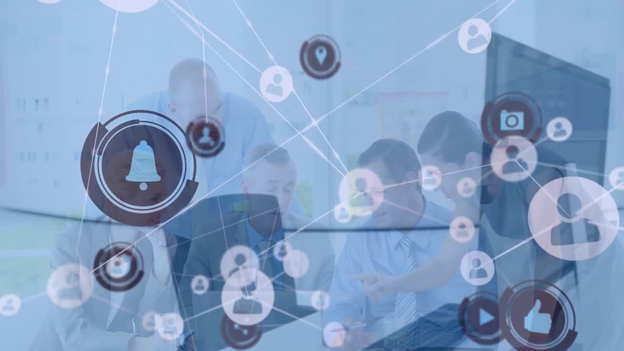 사무실에서 토론하는 다양한 사업가들에 대한 프로필 아이콘 네트워크의 애니메이션