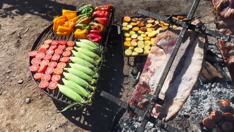 Coloridas-Delicias-A-La-Parrilla:-Verduras-Vibrantes-Y-Costillas-Ahumadas-En-El-Campo