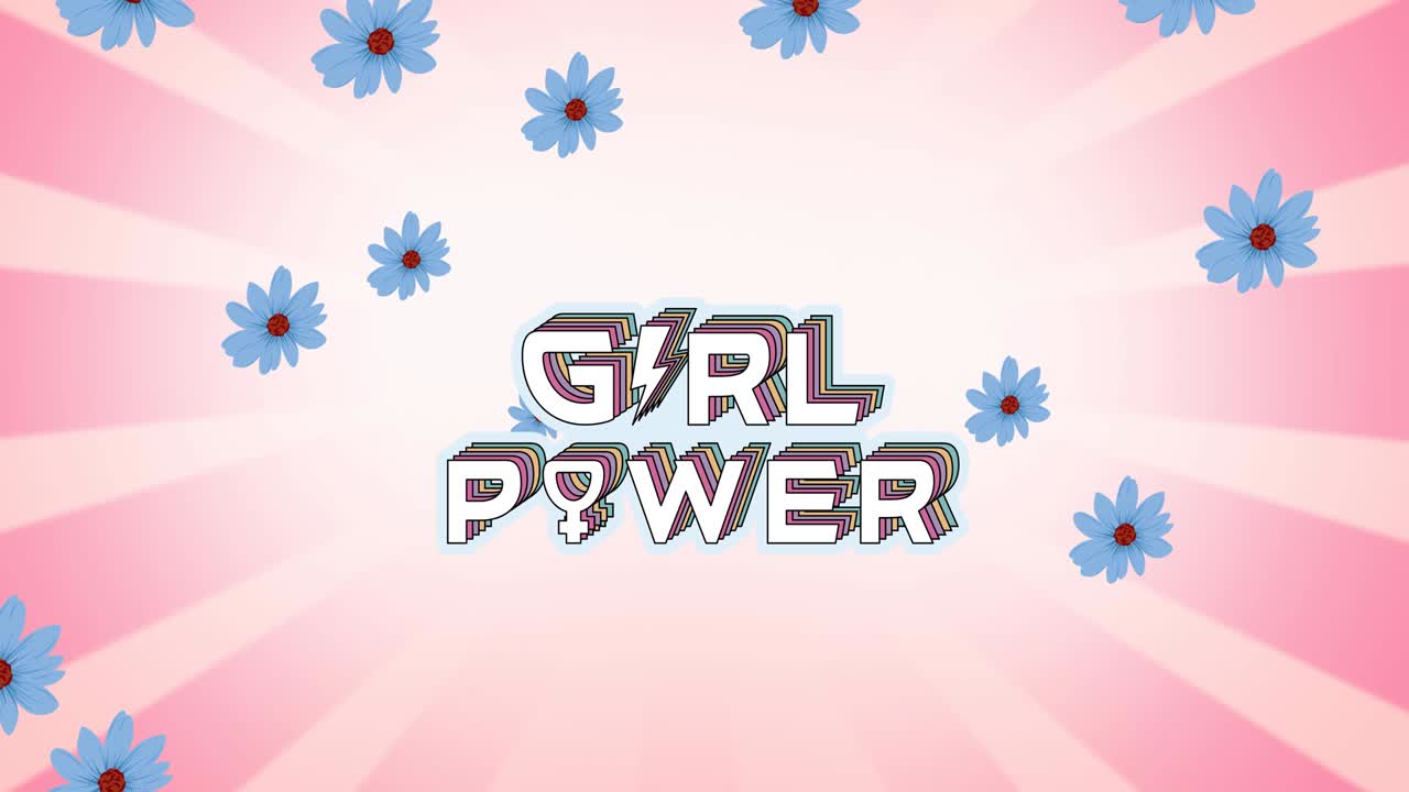 Animação do texto 'poder feminino', sobre coração voando