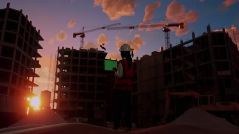 full body back view of asian female engineer with safety helmet working on a green screen laptop and looking around while standing at construction site, during sunset or sunrise time