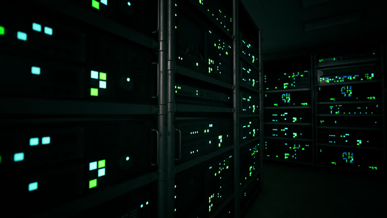 data center with multiple rows of fully operational server racks