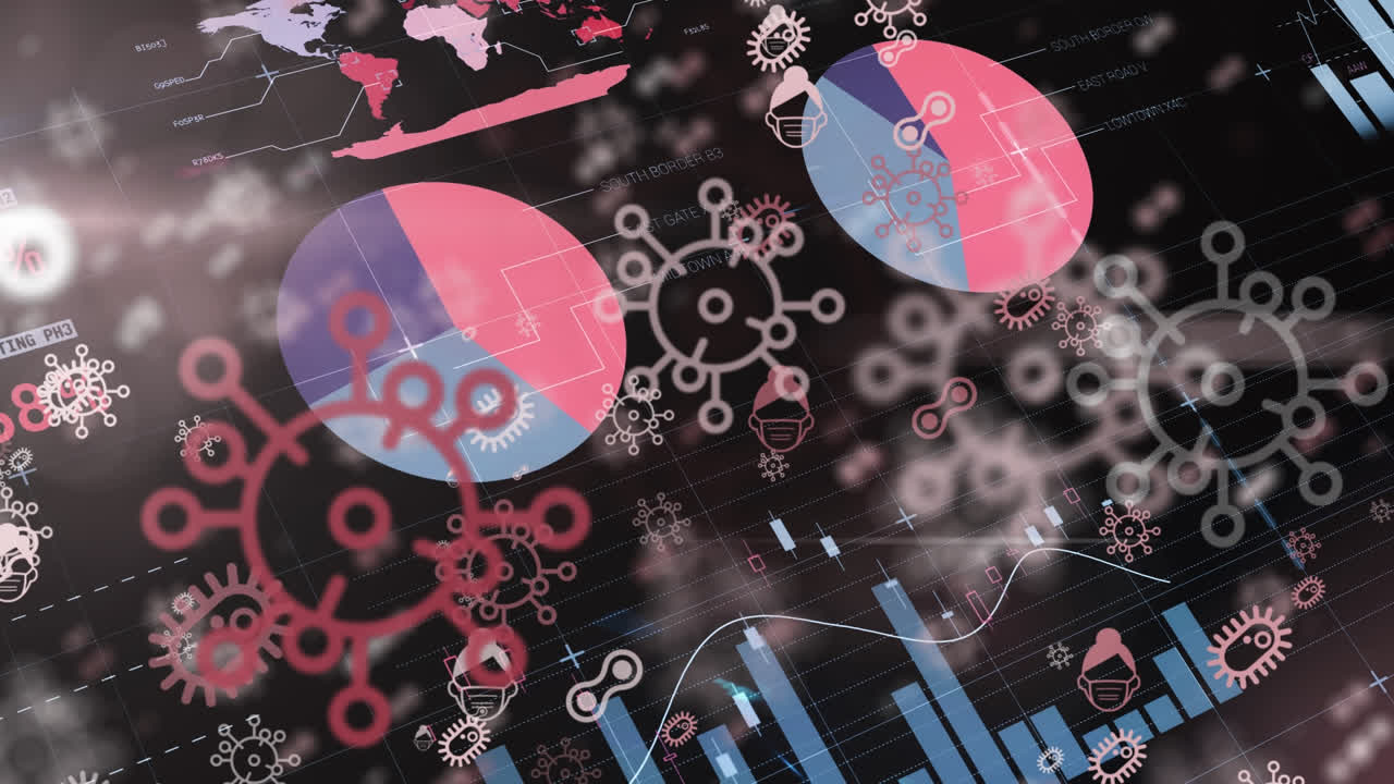 데이터 프로세싱과 디지털 인터페이스에 대해 떠다니는 covid-19 개념 아이콘의 디지털 애니메이션