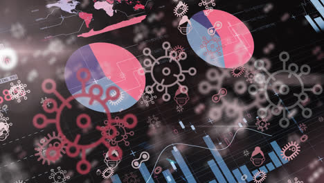 animación digital de iconos de concepto de covid-19 flotando contra la interfaz digital con procesamiento de datos