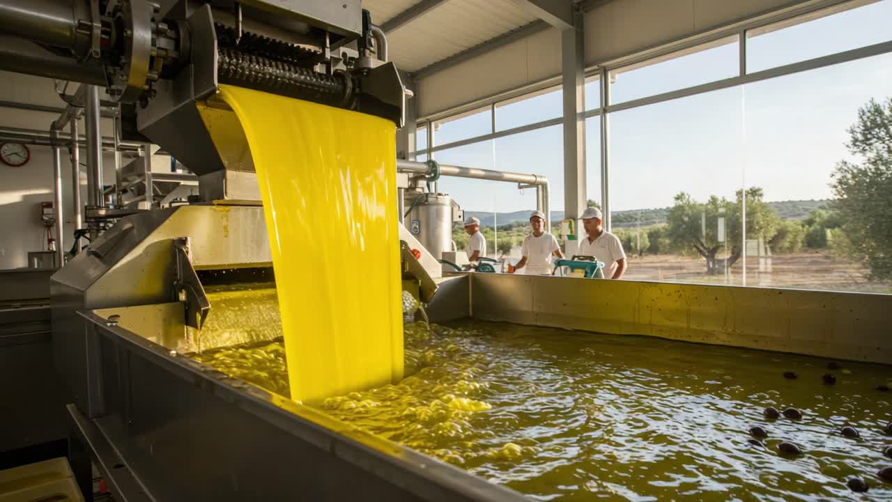 Olive Oil Production Process: Fresh Olive Oil Flowing from Modern Extraction Equipment, Showcasing the Art of Oil Milling in a Bright, Spacious Facility