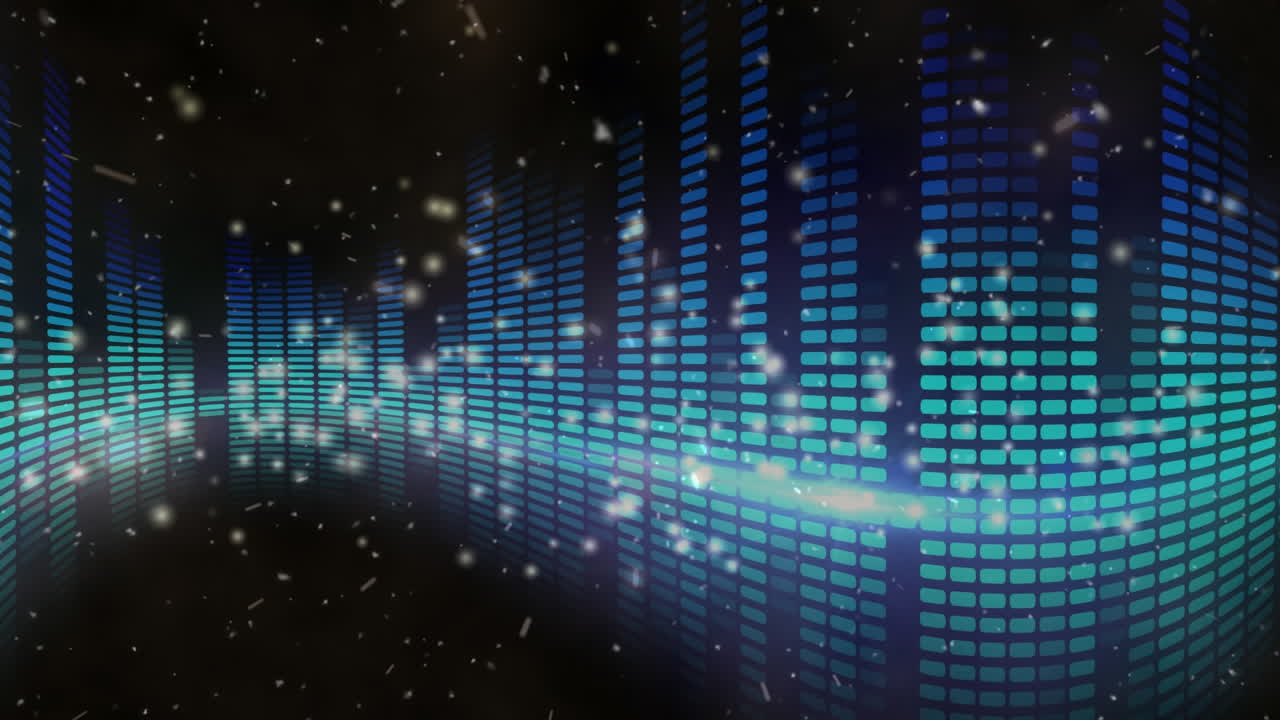 Animation of confetti over sound equalizer on dark blue background
